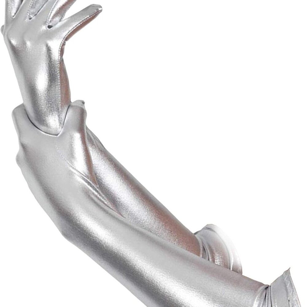 Silver Metallic Opera Gloves - Roaring 20's Fancy Flapper Elbow Evening Gloves A